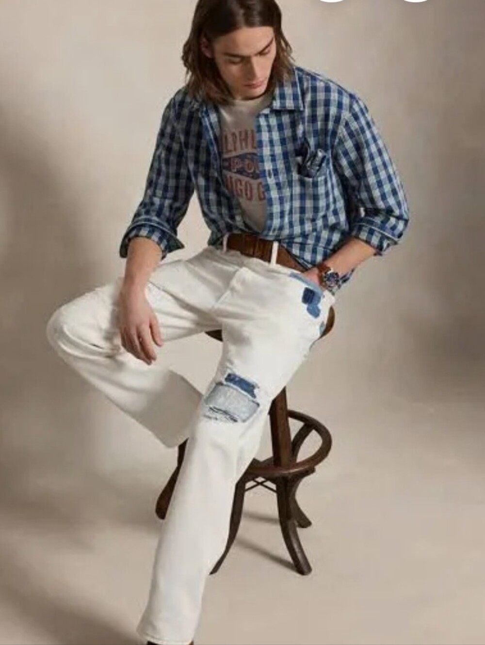 Men's Polo Ralph Lauren White Distressed Harritage Jeans with Blue Patch Details